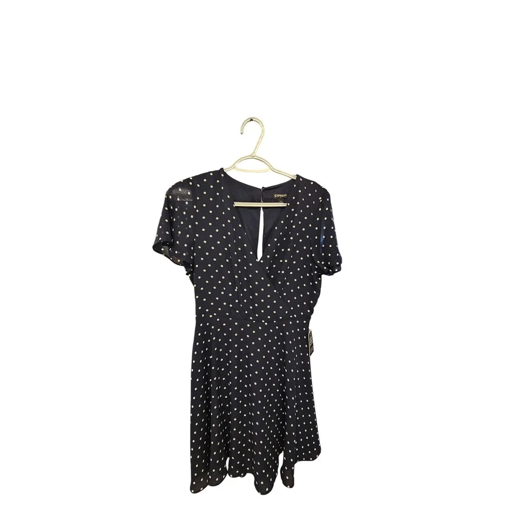Express Navy Blue Polka‎ Dot Fit and Flare Mini Dress Size 6 NWT